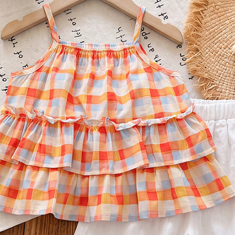Girls Multicolour Checked Sleeveless Peplum Top With Crop Pants Sets 2 pc. Sets