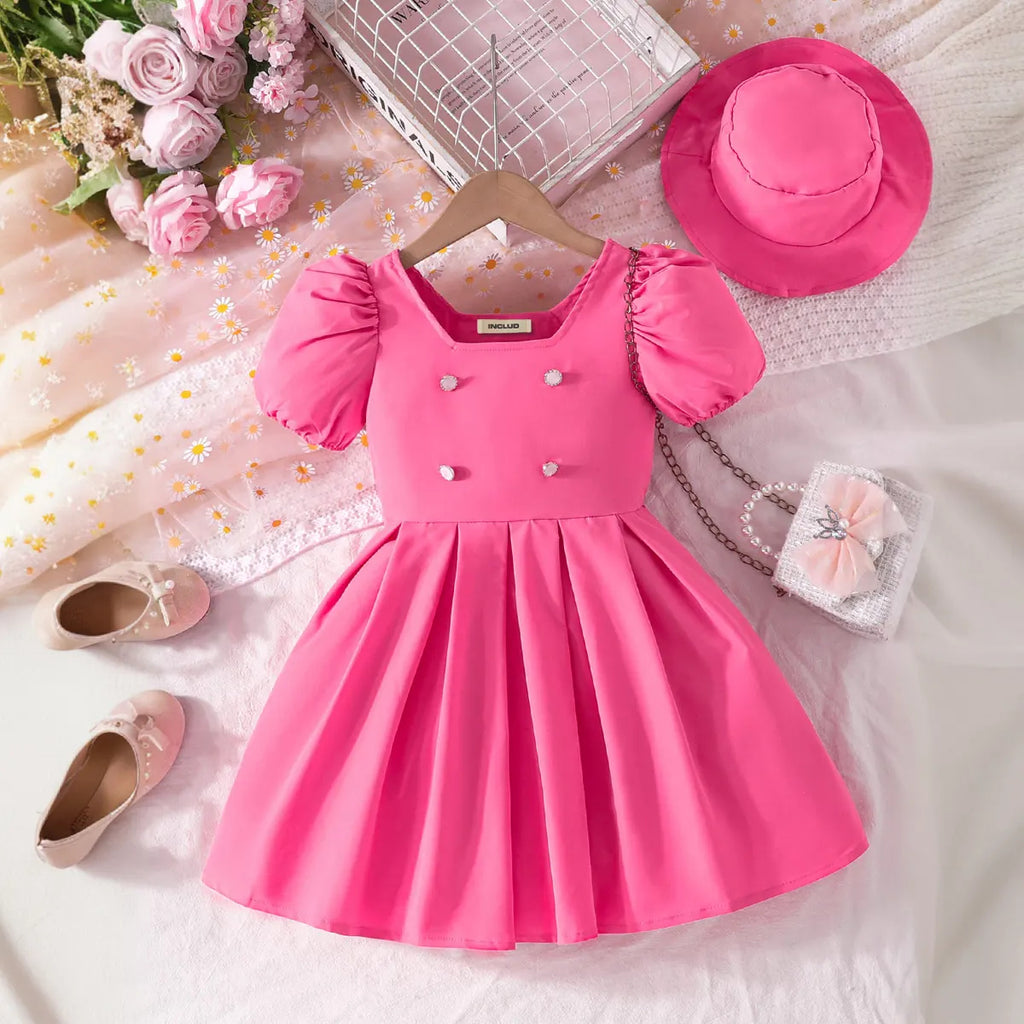 Girls Pink Pleated Fit & Flare Dress With Puff Sleeves Casual Dresses Pink 3-4 Y
