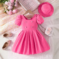 Girls Pink Pleated Fit & Flare Dress With Puff Sleeves Casual Dresses Pink 3-4 Y