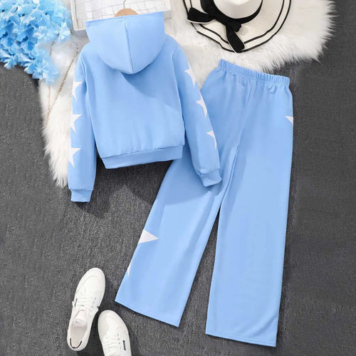 Girls Blue Star Embroidered Hooded Zipper Sweatshirt With Jogger Sets Sets