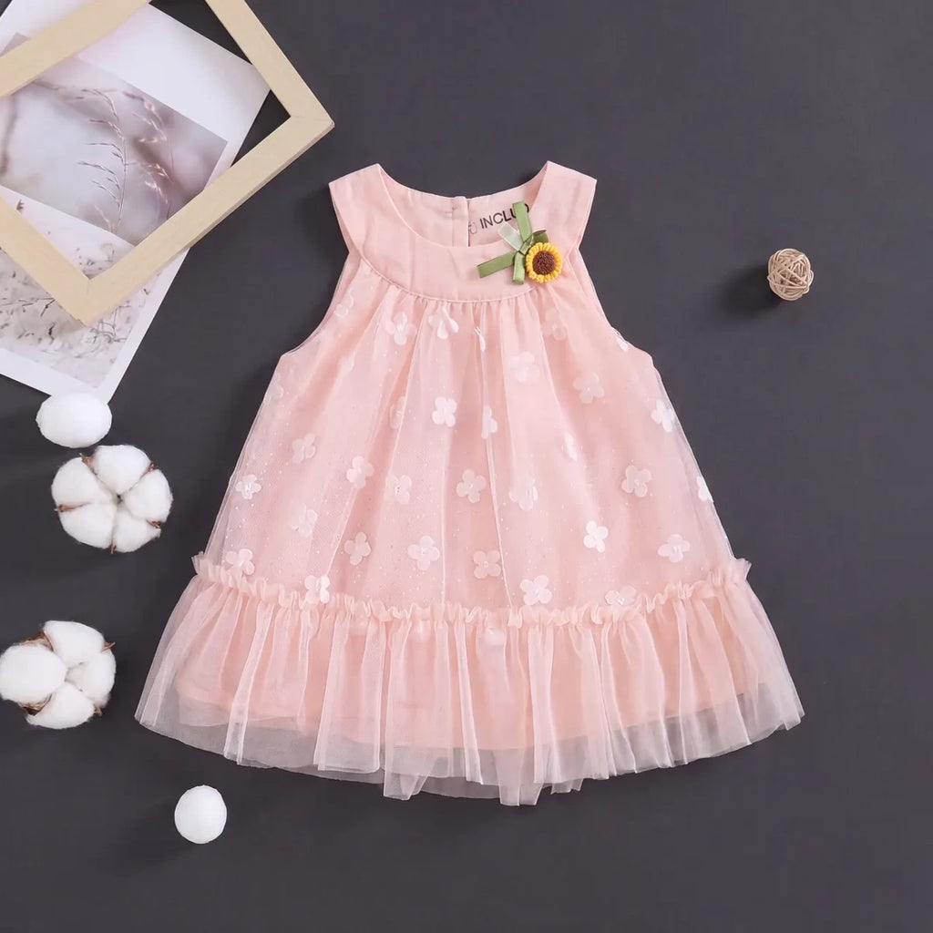 Girls Pink Floral Print Tulle Overlay A-Line Dress With Flower Applique Casual Dresses Pink 1-2 Y