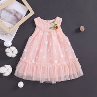 Girls Pink Floral Print Tulle Overlay A-Line Dress With Flower Applique Casual Dresses Pink 1-2 Y