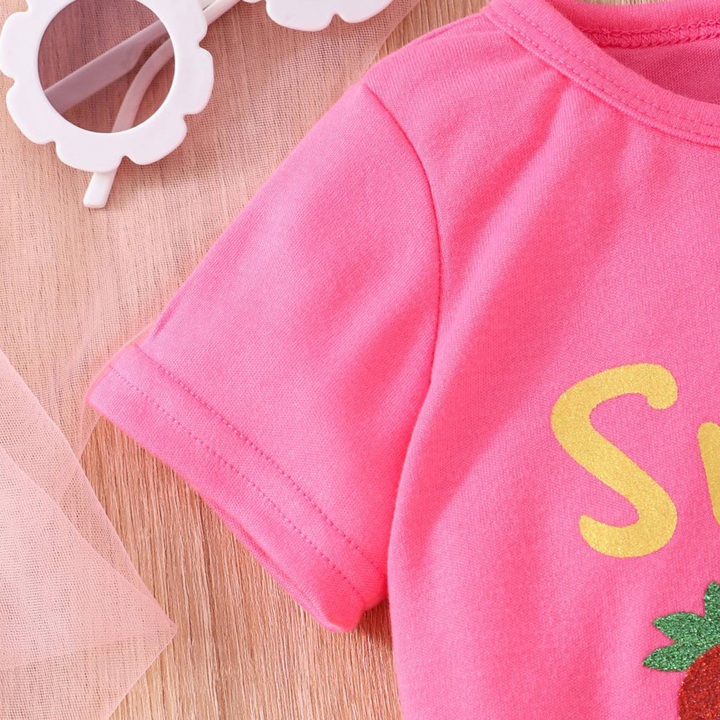 Girls Fuchsia Printed Top with Glitter Strawberry Tulle Skirt Set Sets