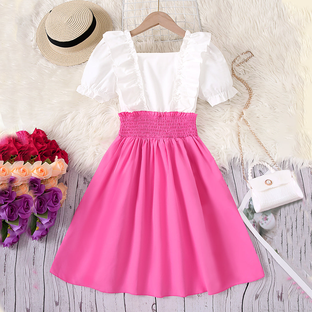 Girls Pink Short Sleeve Square Neck Fit & Flare Dress Casual Dresses