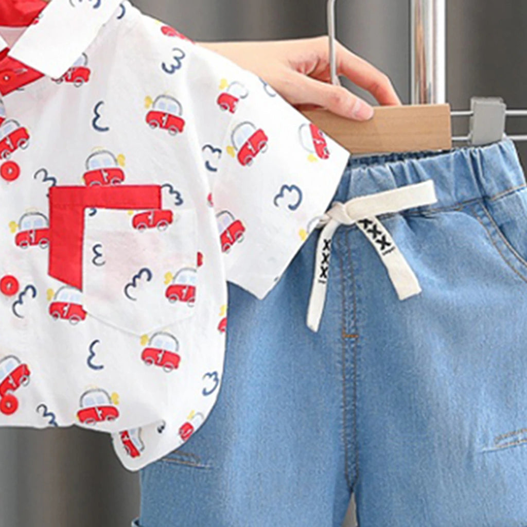 Boys Red Car Printed Short Sleeve Shirt With Denim Shorts Sets 2 pc. Sets
