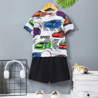 Boys White Car Printed Short Sleeves T-Shirt With Shorts Set Sets