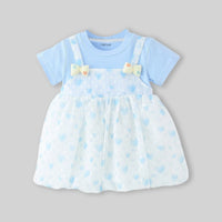 Girls Light Blue Heart Print Mock-Layered Pinafore Dress Casual Dresses