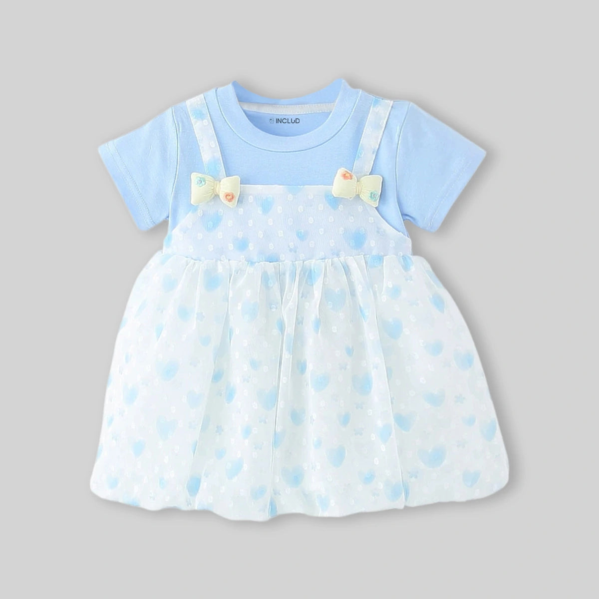 Girls Light Blue Heart Print Mock-Layered Pinafore Dress Casual Dresses