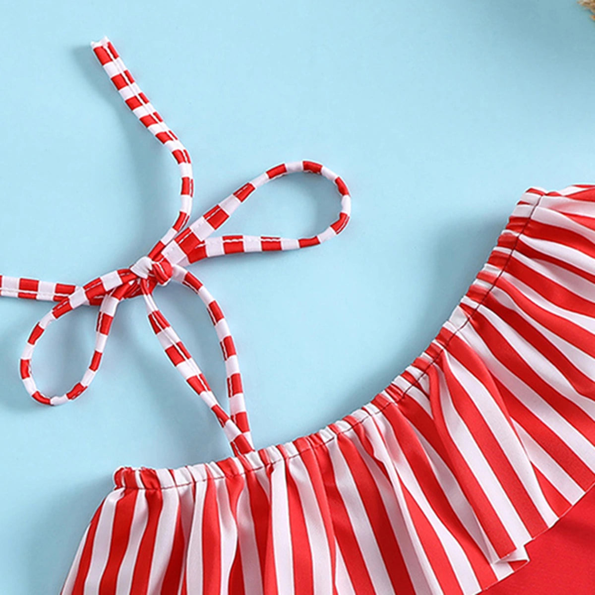 Girls Red One Shoulder Swimwear Bodysuit With Strips Ruffle & Hairband Beachwear