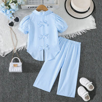 Girls Light Blue Stripes High-low Hem Top With Pants Co-ord Sets Sets