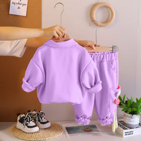 Girls Purple Solid Polo Neck Sweatshirt With Joggers Co-ord Set 2 pc. Sets