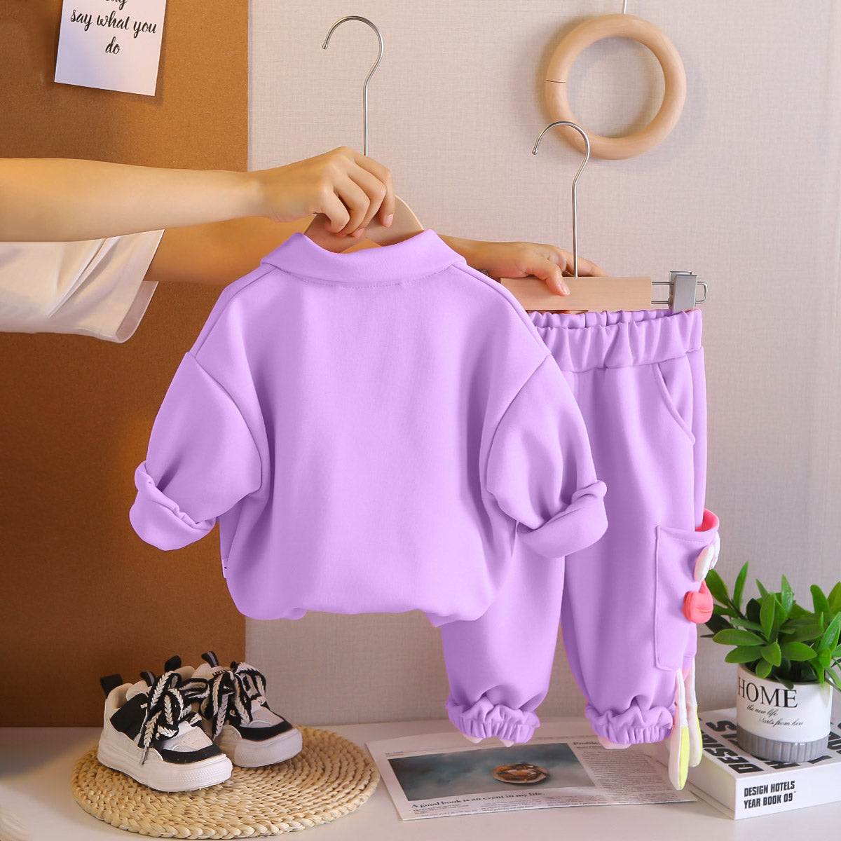 Girls Purple Solid Polo Neck Sweatshirt With Joggers Co-ord Set 2 pc. Sets