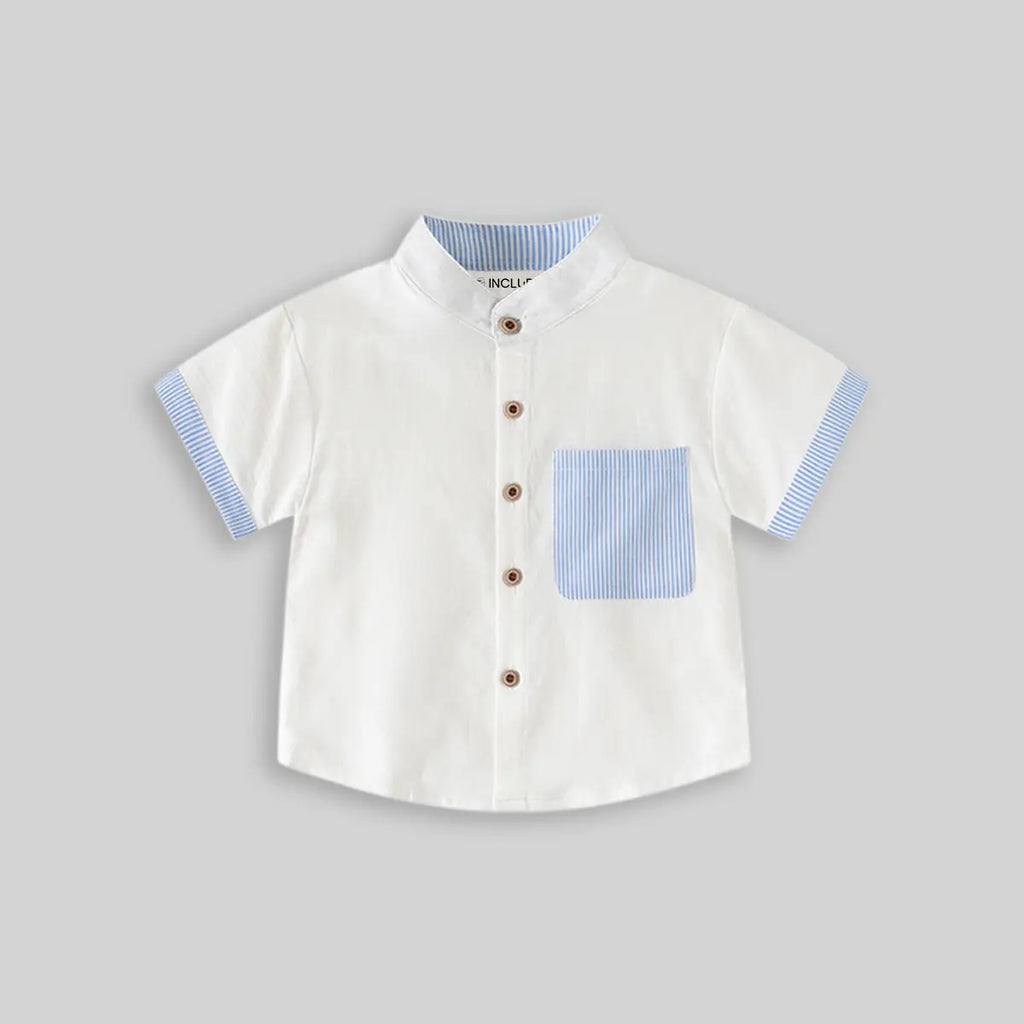 Boys White Solid Mandarin Collar Shirt With Striped Patch Pocket Shirts