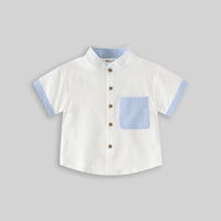 Boys White Solid Mandarin Collar Shirt With Striped Patch Pocket Shirts