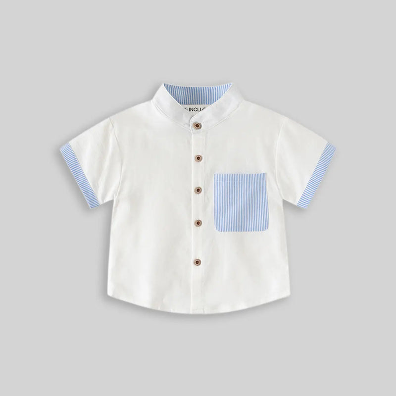 Boys White Solid Mandarin Collar Shirt With Striped Patch Pocket Shirts