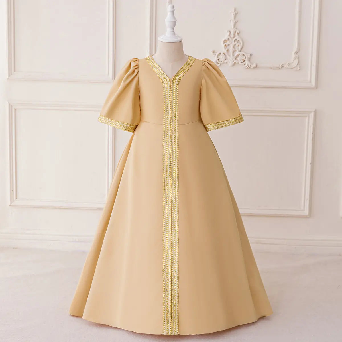 Girls Beige Embroidered Maxi Dress With Short Sleeves Casual Dresses Beige 3-4 Y