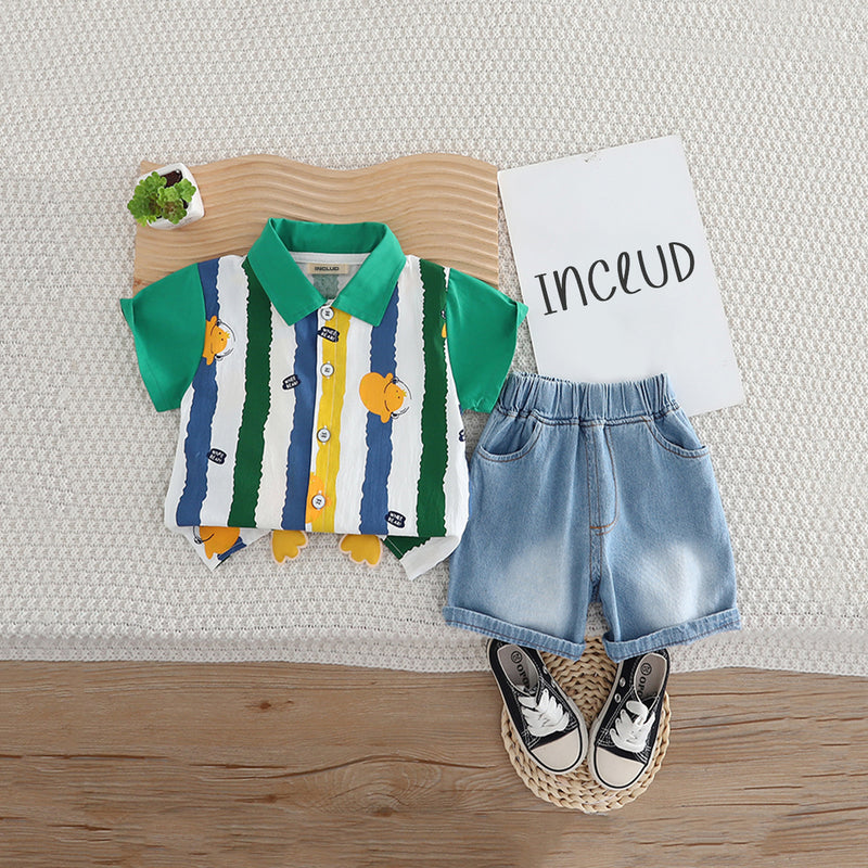 Boys Green Stripe Printed Short Sleeves Shirt With Denim Shorts Set 2 pc. Sets