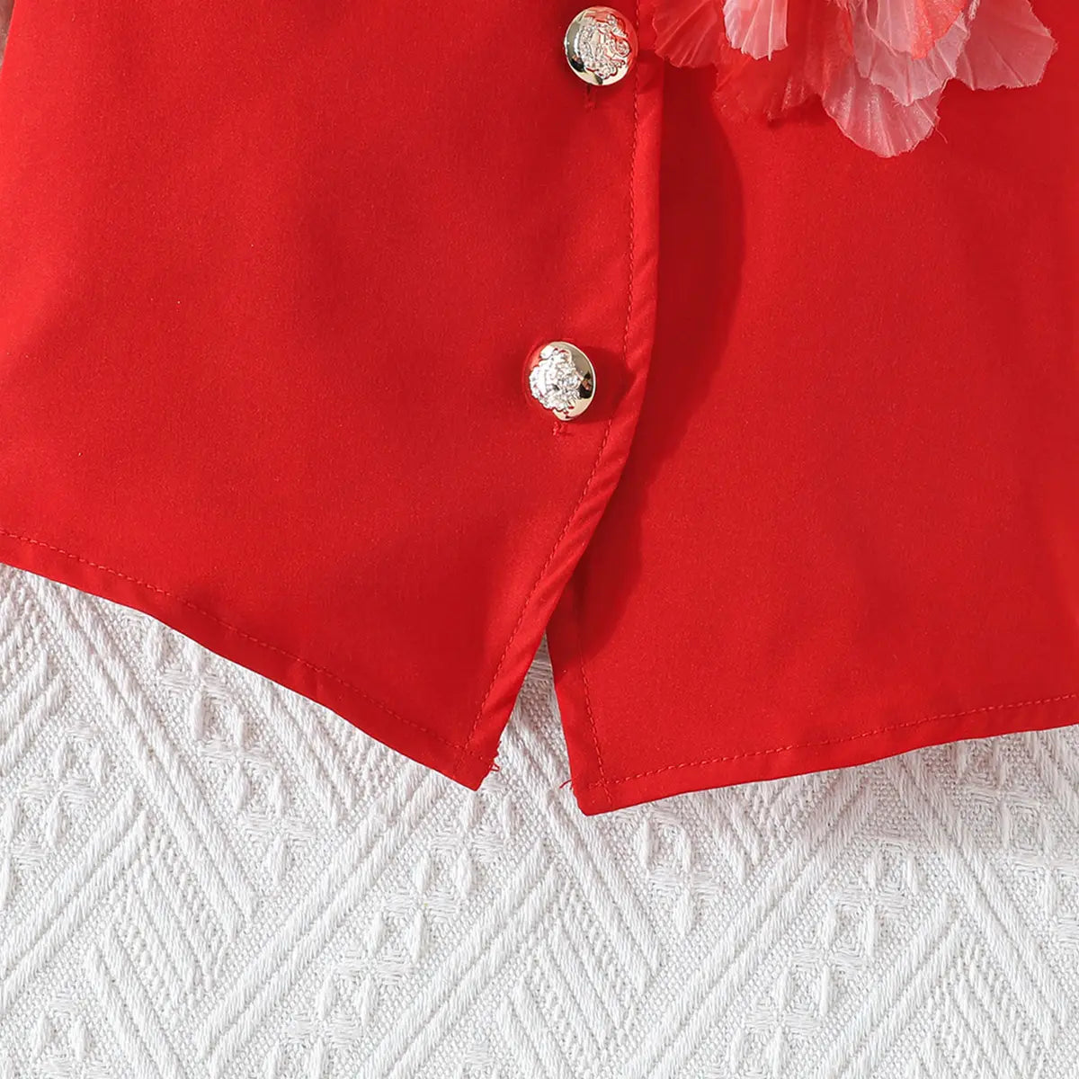 Girls Red Flower Applique Short Sleeves Top With Pleated Skirts Co-ord Sets Sets