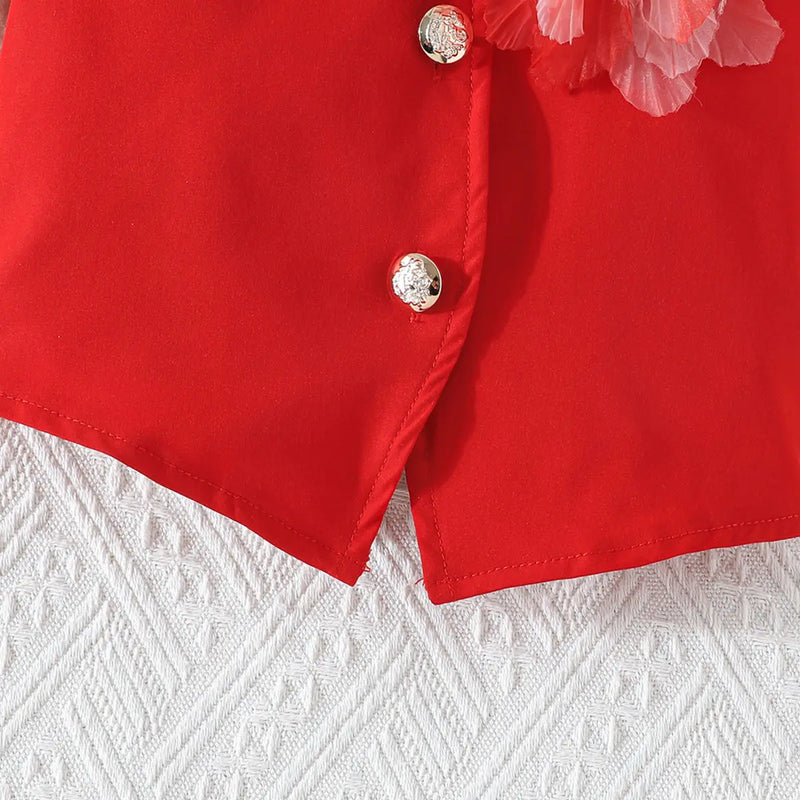 Girls Red Flower Applique Short Sleeves Top With Pleated Skirts Co-ord Sets Sets