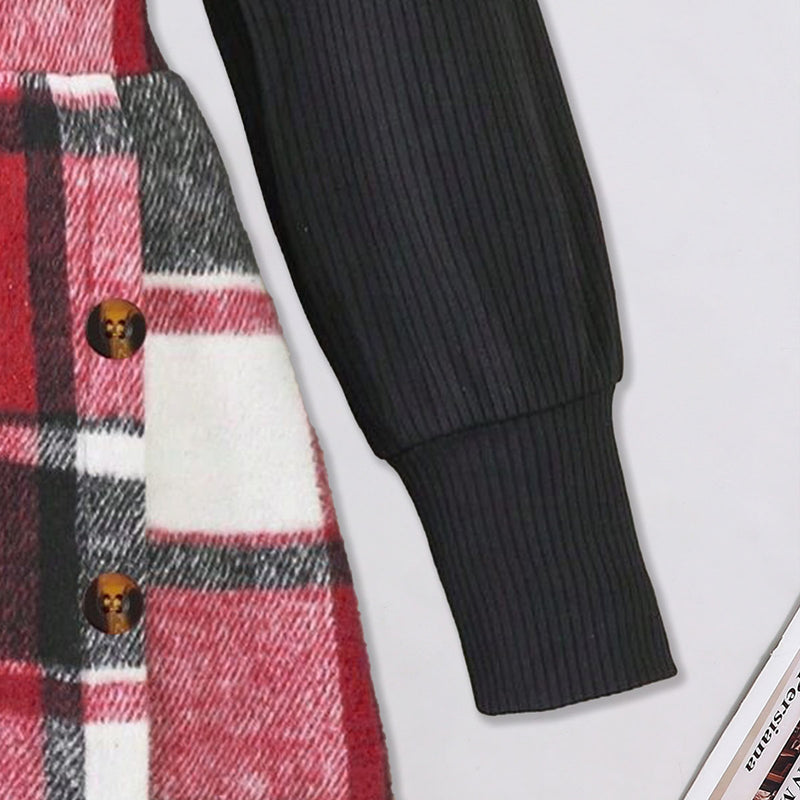 Girls Stand Collar Rib Top With Red Checked Skirt & Beret Hat Set Sets