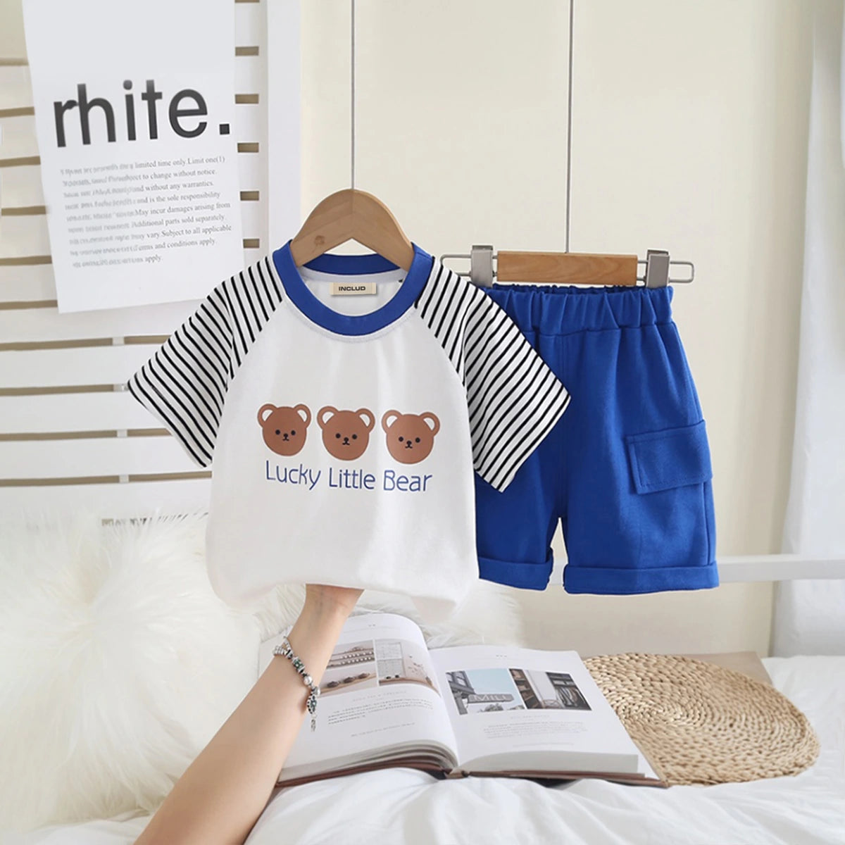Boys Three Bear Printed T-Shirt With Blue Shorts Set Sets Blue 1-2 Y
