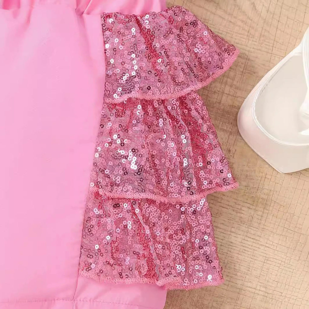 Girls Pink Sequin Bow Applique Top With Ruffled Shorts Sets 2 pc. Sets