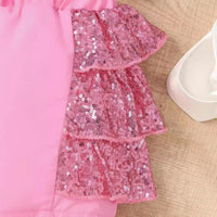 Girls Pink Sequin Bow Applique Top With Ruffled Shorts Sets 2 pc. Sets