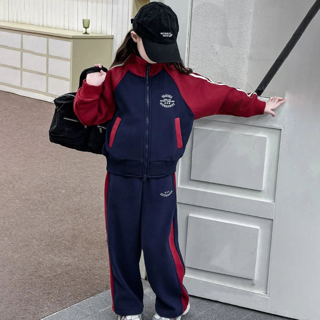 Girls Navy Blue Colorblocked Zip-up Jacket With Pants Sets Sets