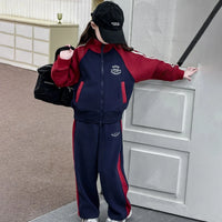 Girls Navy Blue Colorblocked Zip-up Jacket With Pants Sets Sets
