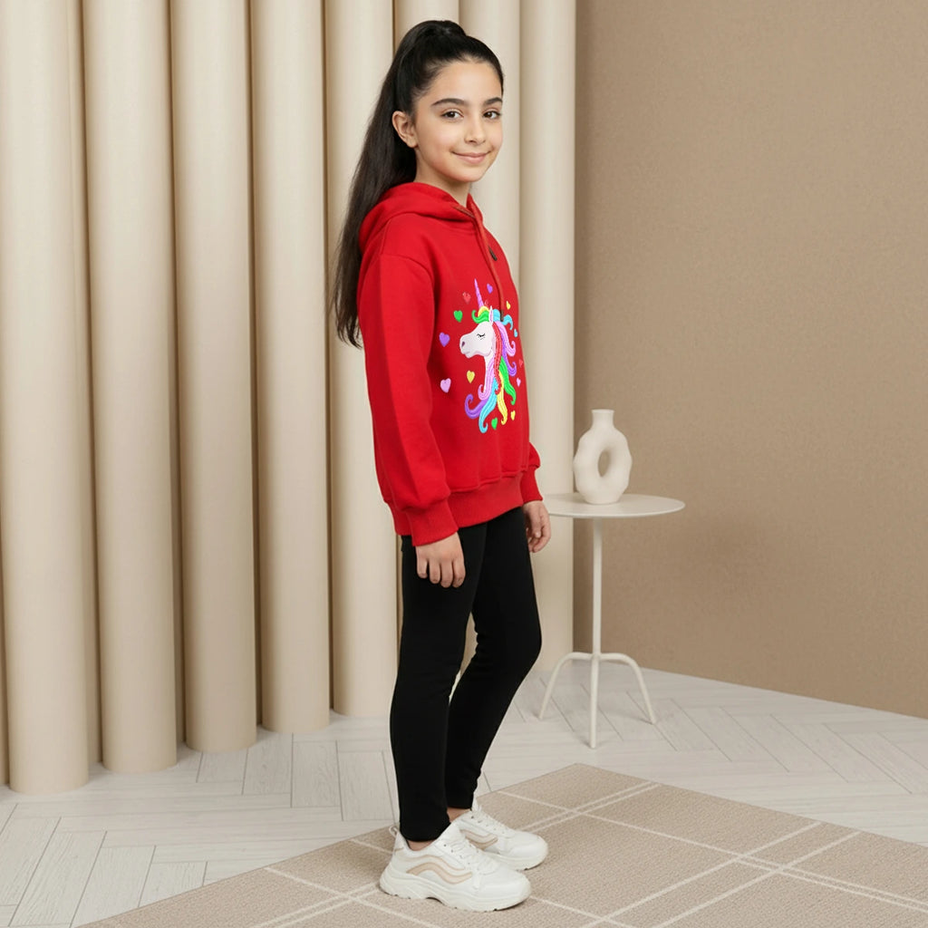 Girls Red Unicorn Heart Graphics Hooded Sweatshirt Sweatshirts & Hoodies