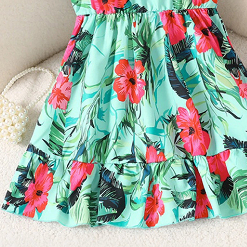 Girls Sea Green Tropical Floral Print Flutter Sleeve A-Line Dress Casual Dresses