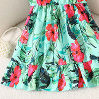 Girls Sea Green Tropical Floral Print Flutter Sleeve A-Line Dress Casual Dresses