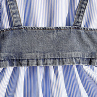 Girls Blue Pinstripe Long Sleeve Shirt Dress With Denim Vest Casual Dresses