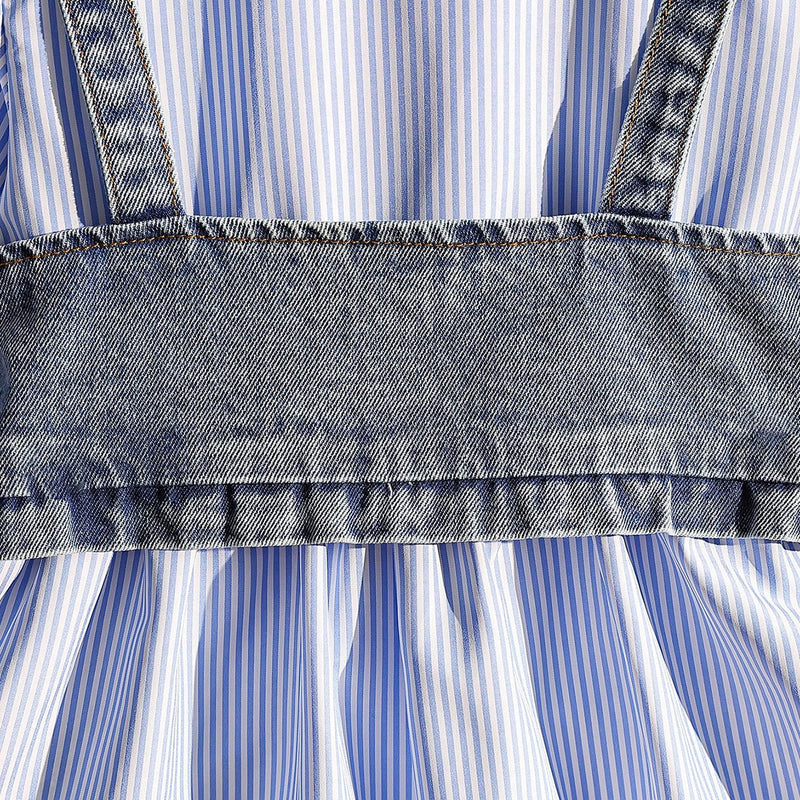 Girls Blue Pinstripe Long Sleeve Shirt Dress With Denim Vest Casual Dresses
