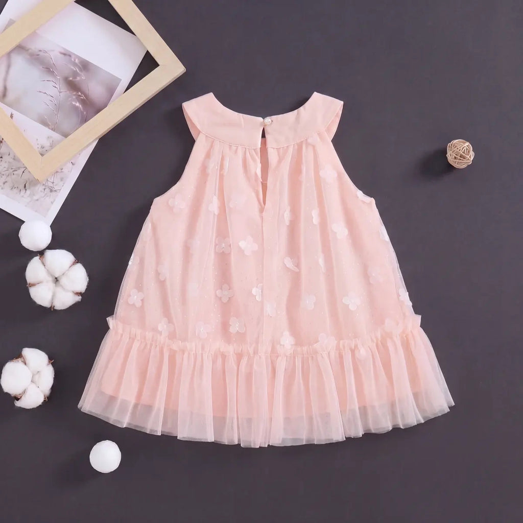 Girls Pink Floral Print Tulle Overlay A-Line Dress With Flower Applique Casual Dresses