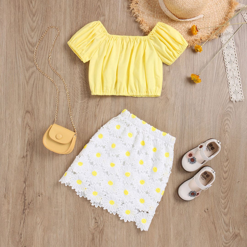 Girls Yellow Short Sleeve Crop Top With Lace Skirt Set Sets Yellow 1-2 Y 