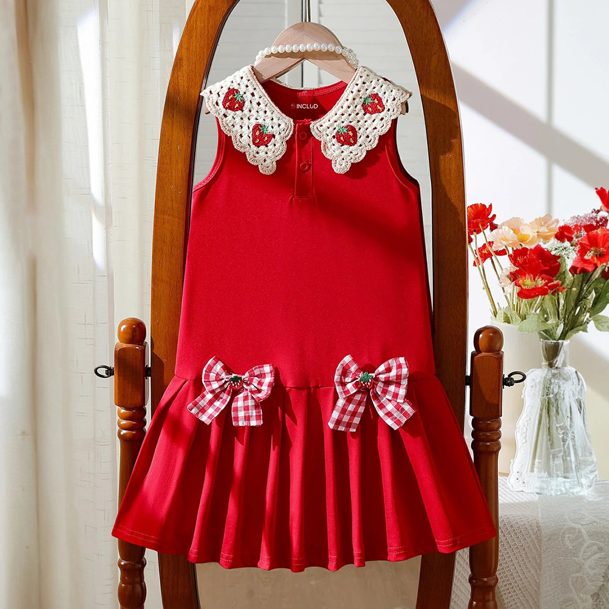 Girls Red Strawberry Applique Sleeveless A-Line Dress Casual Dresses Red 2-3 Y