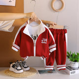 Boys Red Typographic Printed Front Open Jacket With T-Shirt & Joggers Set