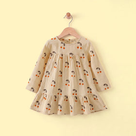 Girls Apricot Cherry Print Long Sleeve A-line Dress Casual Dresses Apricot 1-2 Y
