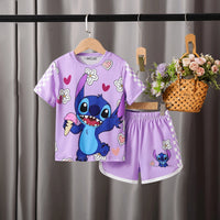 Girls Lavender Cartoon Characters Printed Short Sleeve T-Shirt With Shorts Sets 2 pc. Sets Lavender 3-4 Y