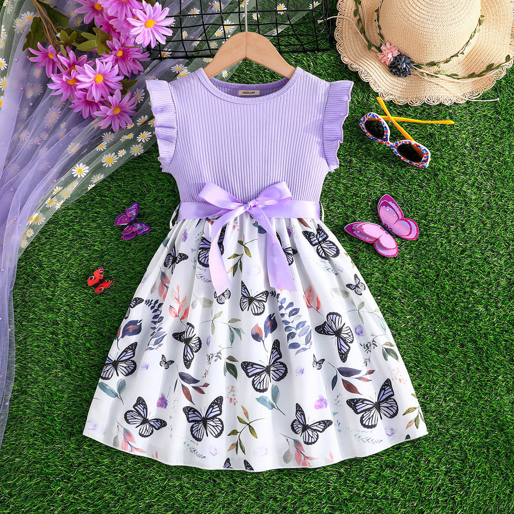 Girls Purple Butterfly Printed Fit & Flare Dress Casual Dresses Purple 3-4 Y