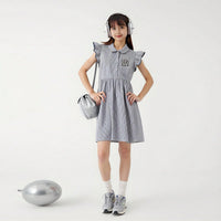 Girls Black Striped Flutter Sleeve Peter Pan Collar Dress Casual Dresses