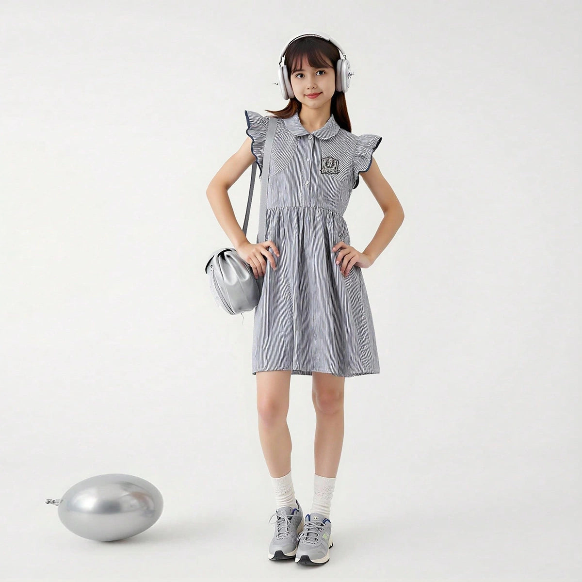 Girls Black Striped Flutter Sleeve Peter Pan Collar Dress Casual Dresses