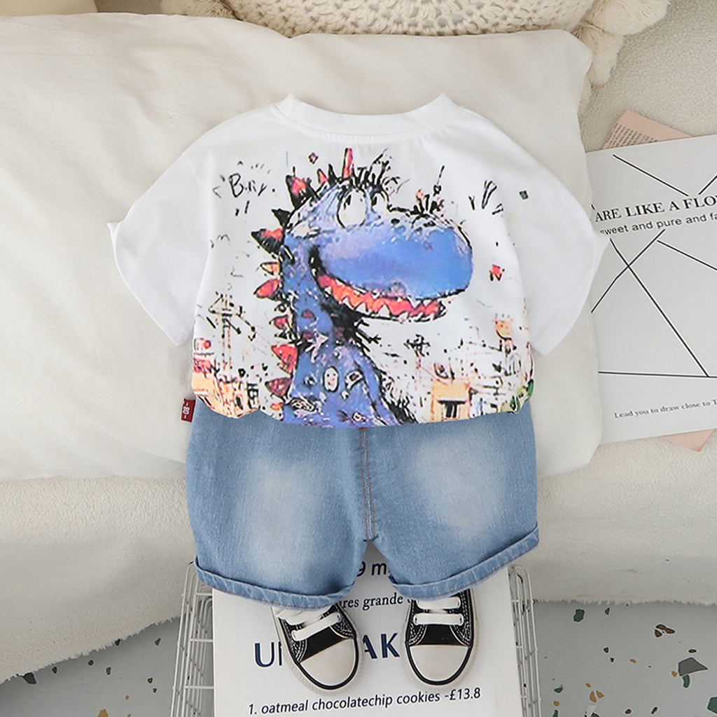 Boys White Dinosaur Graphic T-Shirt With Denim Shorts Set 2 pc. Sets