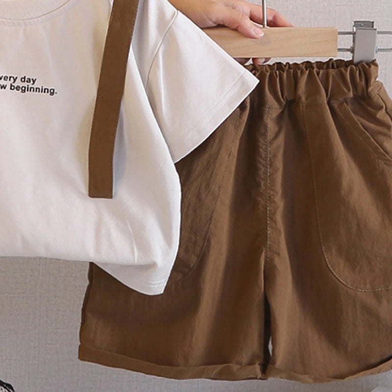 Boys Brown Bag Pack Applique Short Sleeve T-Shirt With Elasticated Shorts Sets 2 pc. Sets
