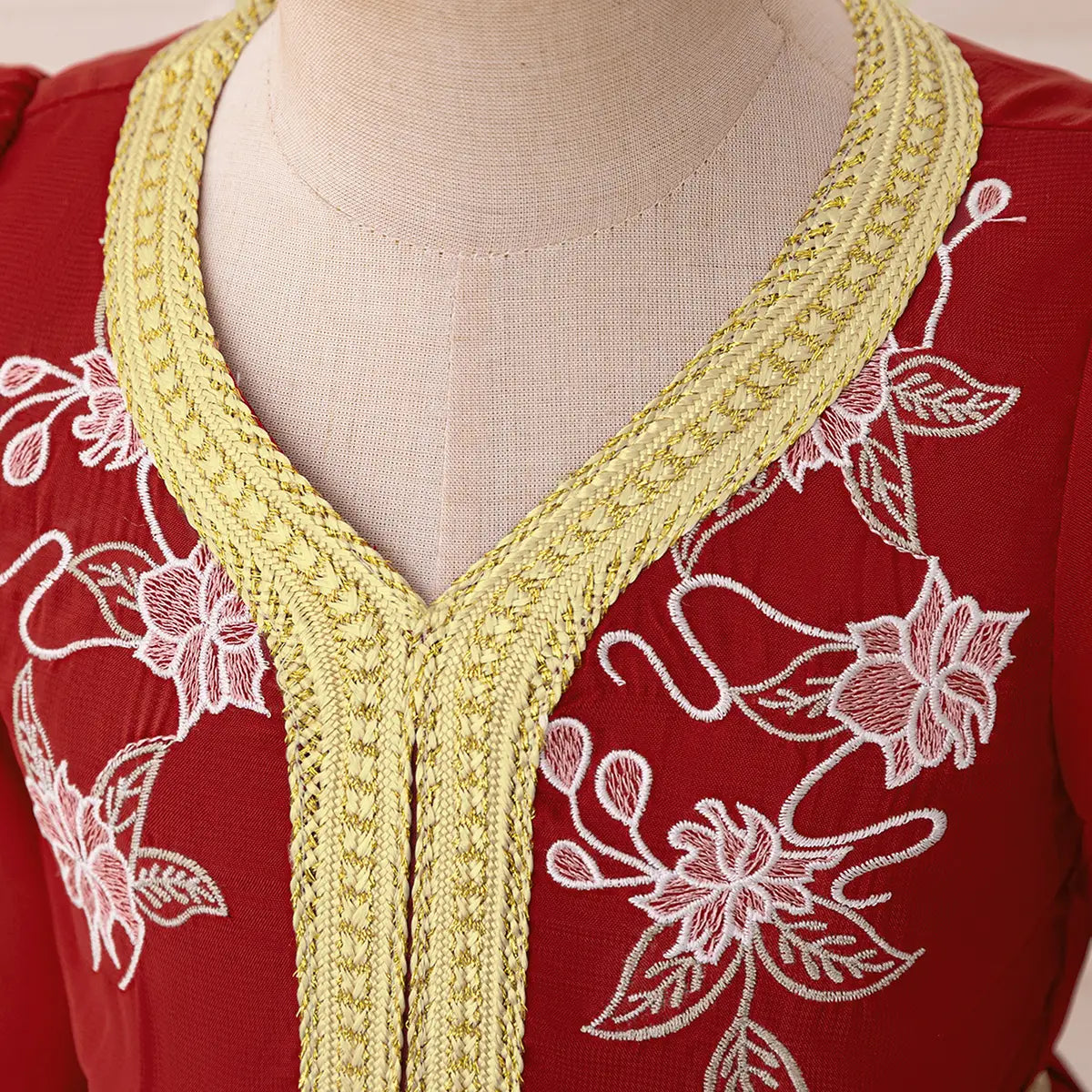 Girls Red Embroidered Maxi Dress With Long Sleeves Casual Dresses