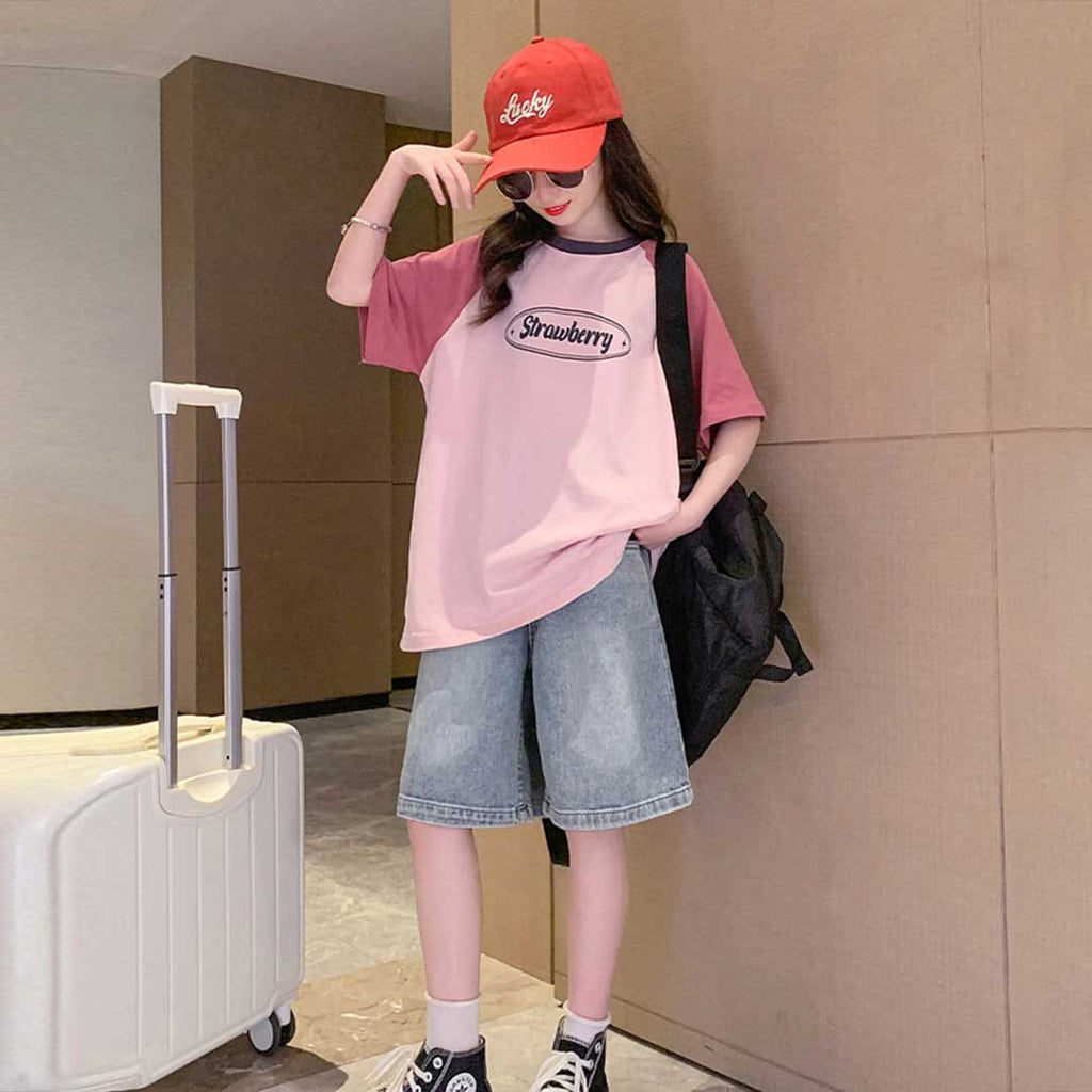 Girls Raglan Sleeves Alphabet Printed T-Shirt With Denim Shorts Set