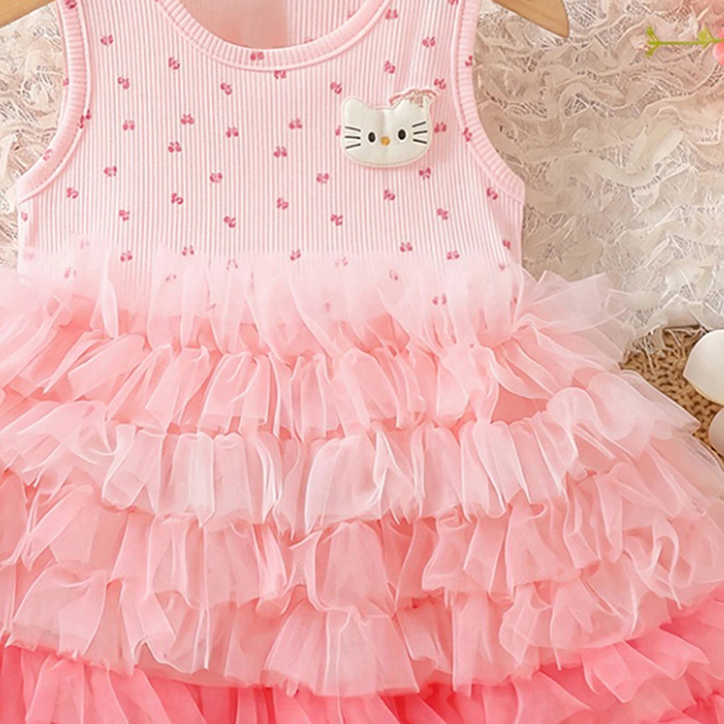 Girls Light Pink Kitty Applique Sleeveless Tiered Dress Casual Dresses