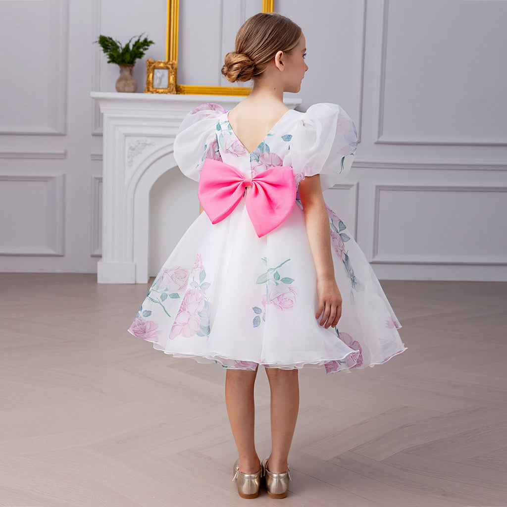 Girls White Floral Printed Knee Length Party Dress with Statement Back Bow Party Dresses