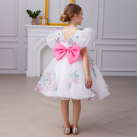 Girls White Floral Printed Knee Length Party Dress with Statement Back Bow Party Dresses